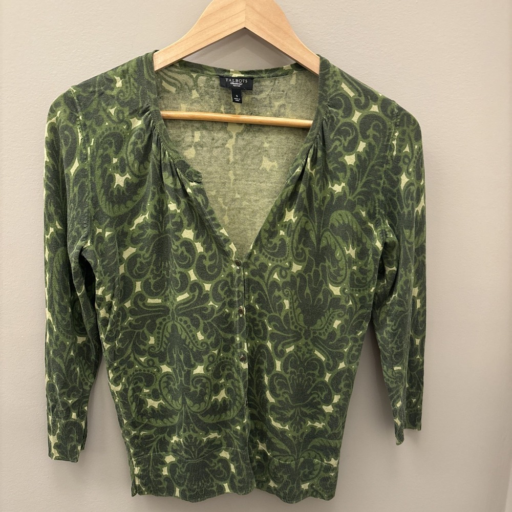Talbots Silk Cardigan Women's Petite Small Green Paisley Floral Sweater